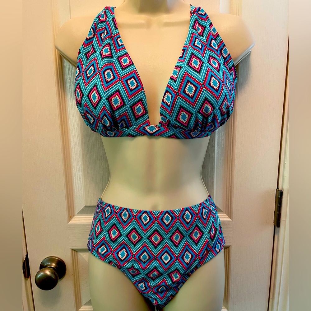 Blue and Pink Bikini Set with Geometric Design
